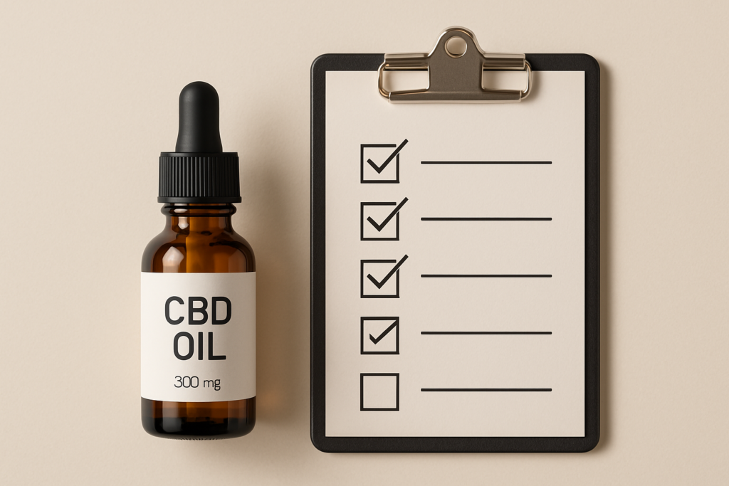 CBD oil bottle beside a checklist representing a drug interaction reference table