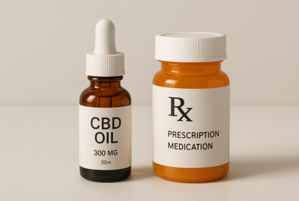 CBD oil bottle beside acid reflux medication