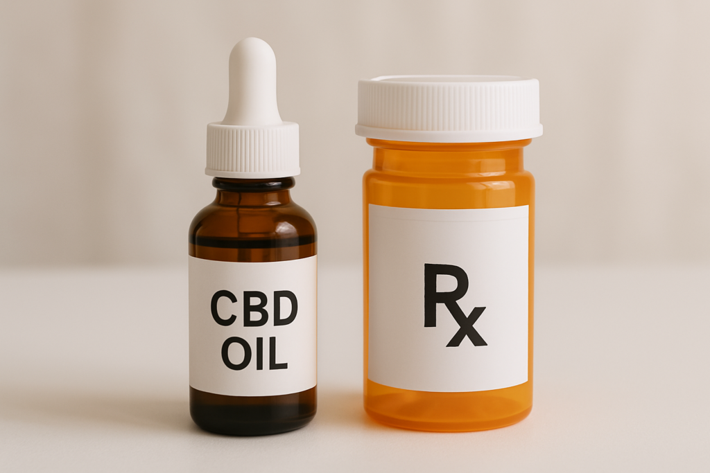 CBD oil bottle beside thyroid medication bottle
