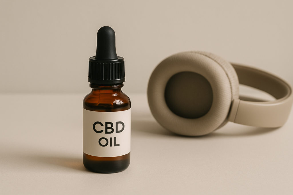 CBD oil bottle in a calm setting representing ear health information