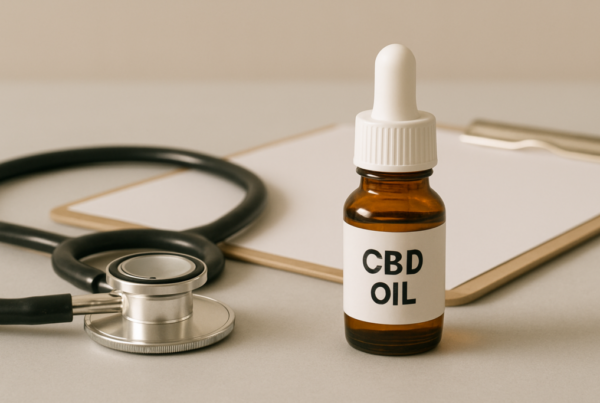 CBD oil bottle beside psychiatric medication in a clinical setting