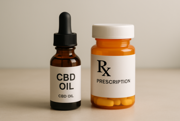 CBD oil bottle beside ADHD stimulant medication