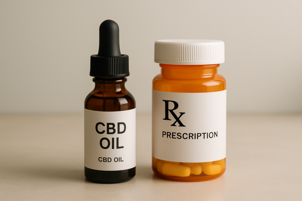 CBD oil bottle beside ADHD stimulant medication