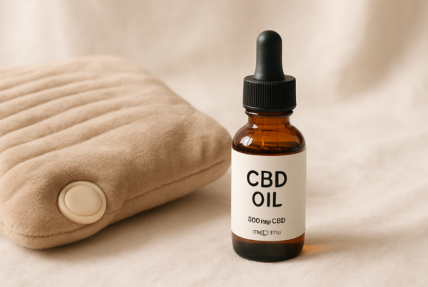 CBD oil bottle in a calm setting representing women's health support