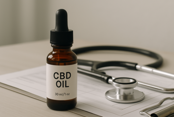 CBD oil bottle in a serious clinical hospital setting representing transplant medication caution