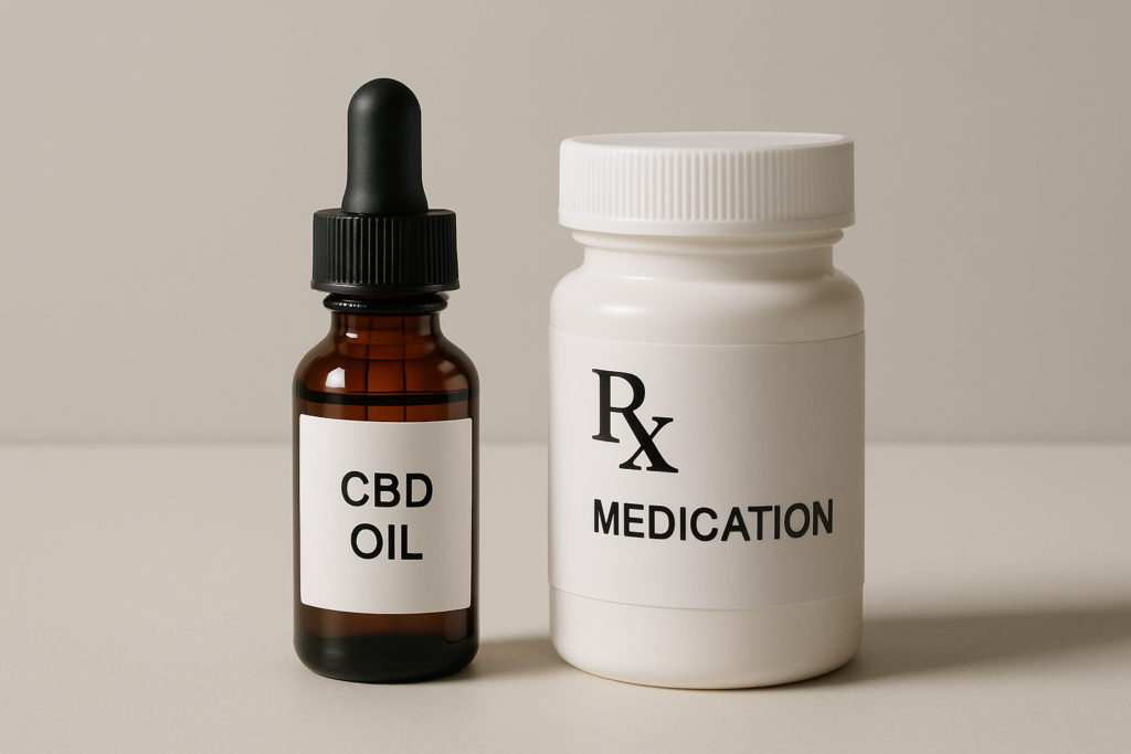 CBD oil bottle beside opioid pain medication bottle