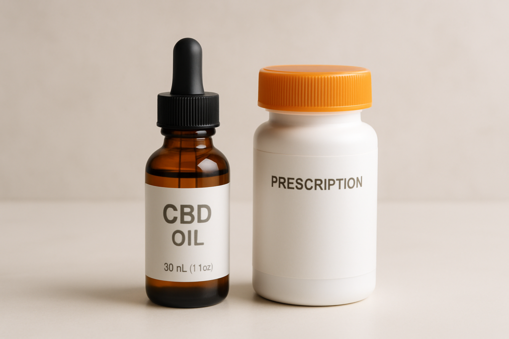 CBD oil bottle beside benzodiazepine medication bottle