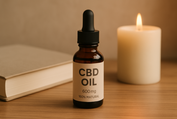 CBD oil bottle in a calm supportive setting representing PTSD support