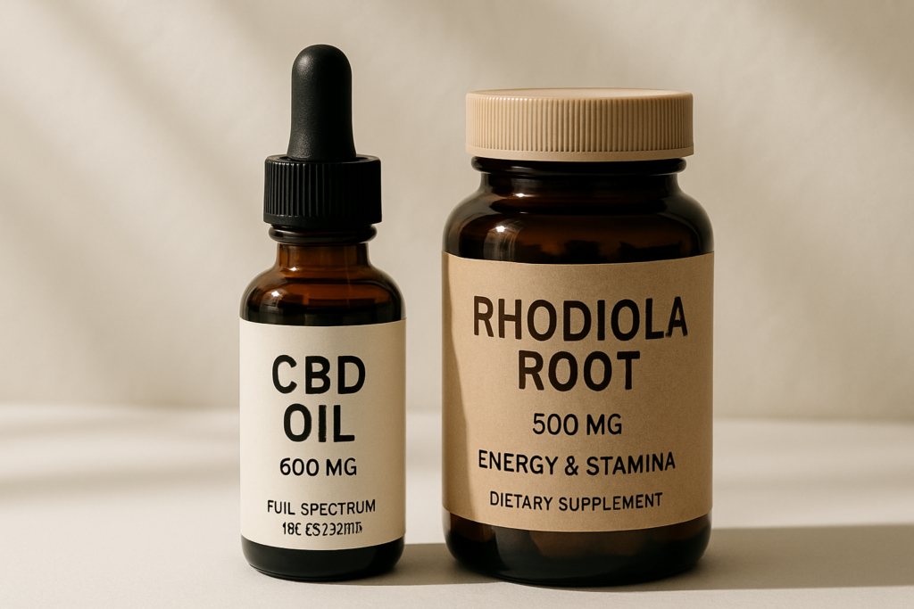 CBD oil bottle beside rhodiola supplement capsules