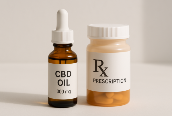 CBD oil bottle beside nerve pain medication bottle