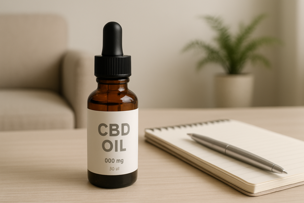 CBD oil bottle in a supportive clinical treatment setting