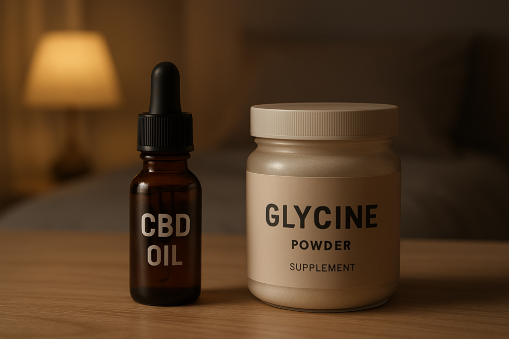 CBD oil bottle beside glycine supplement powder