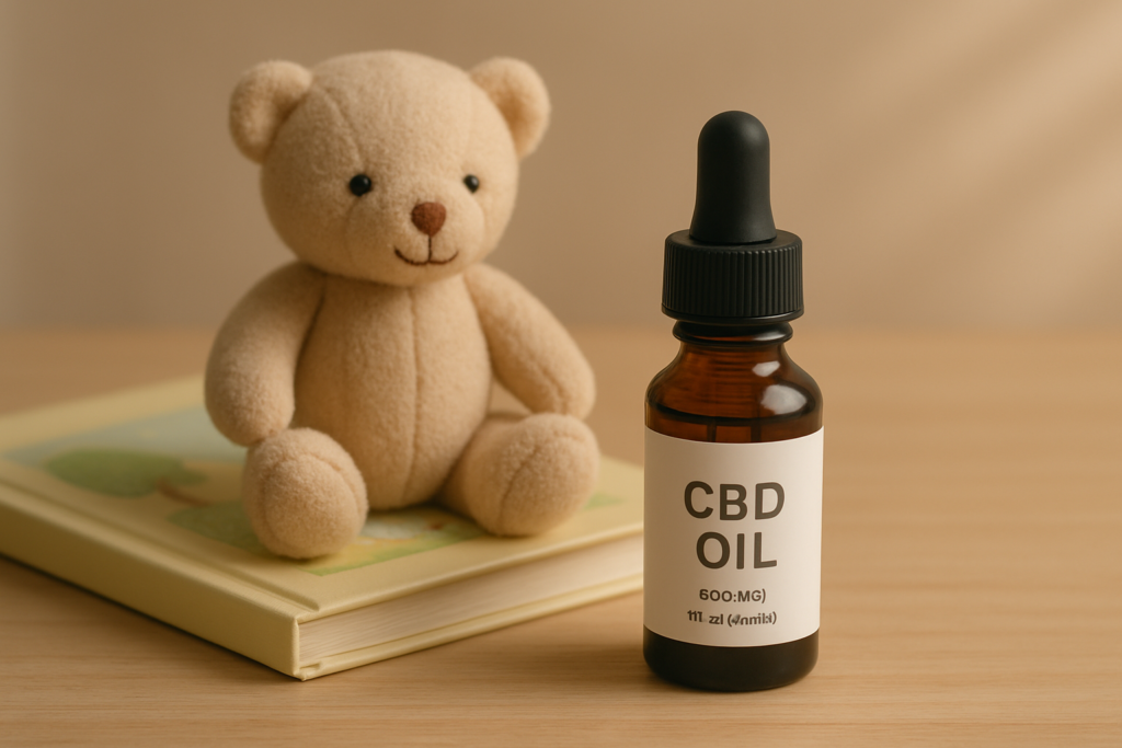CBD oil bottle in a calm supportive family setting