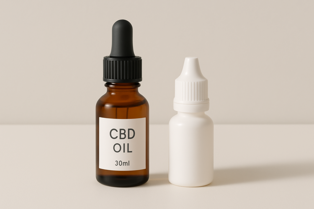 CBD oil bottle beside eye drop bottle