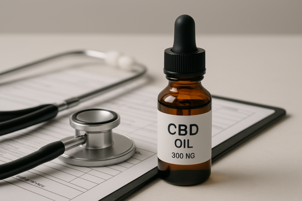 CBD oil bottle beside HIV medication in a clinical setting