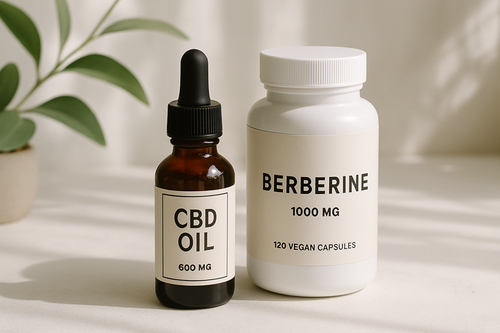 CBD oil bottle beside berberine supplement capsules