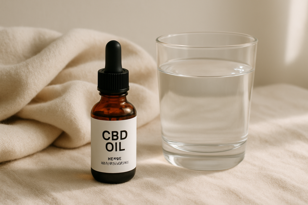 CBD oil bottle in a calm recovery-focused setting