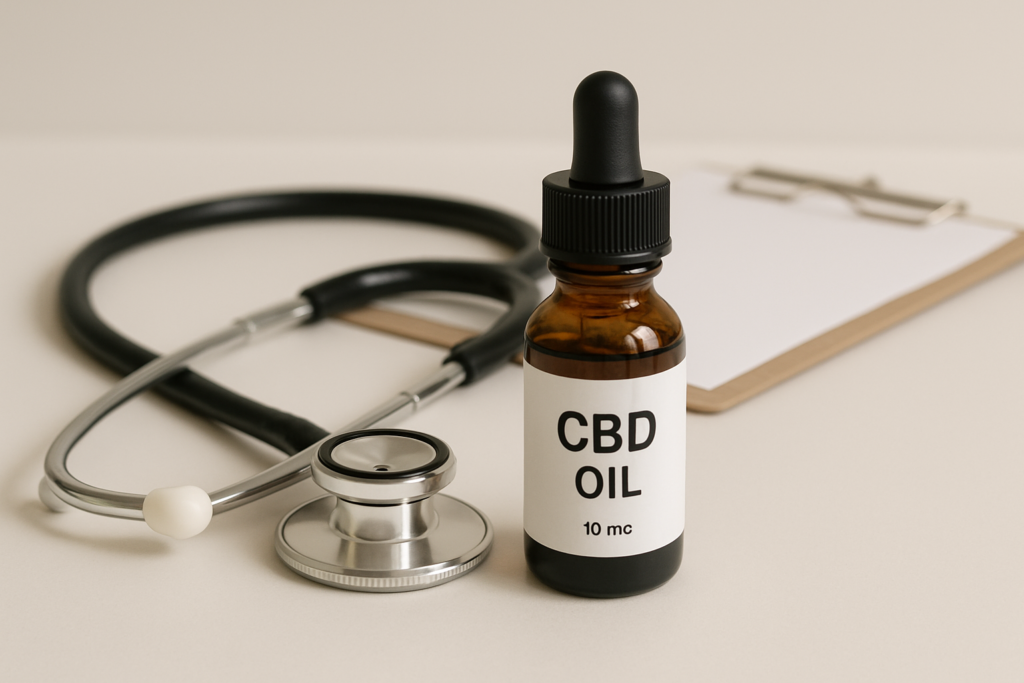 CBD oil bottle in a calm supportive psychiatric setting