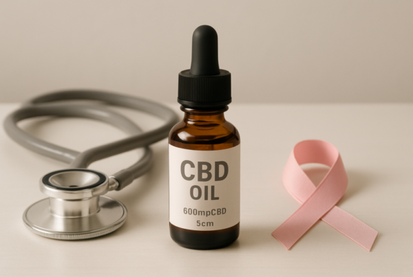 CBD oil bottle beside cancer treatment medication in a supportive clinical setting