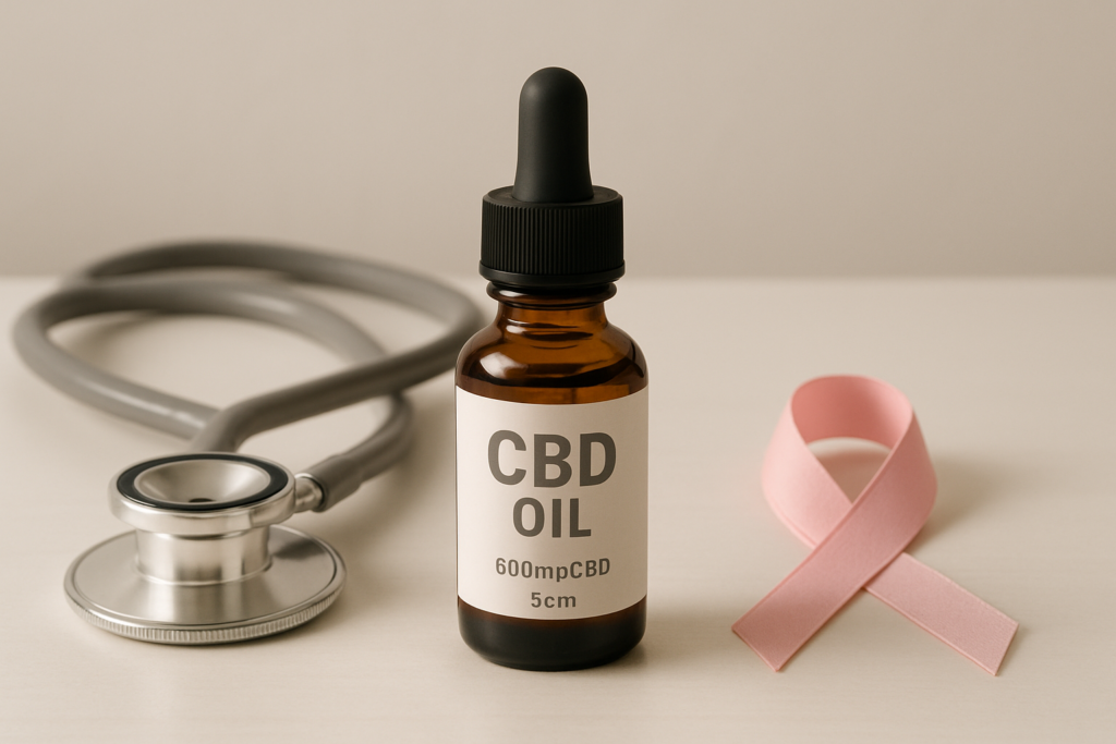 CBD oil bottle beside cancer treatment medication in a supportive clinical setting