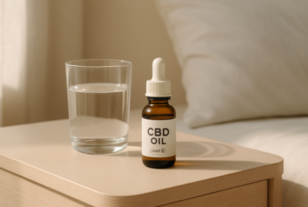 CBD oil bottle in a calm supportive medical setting