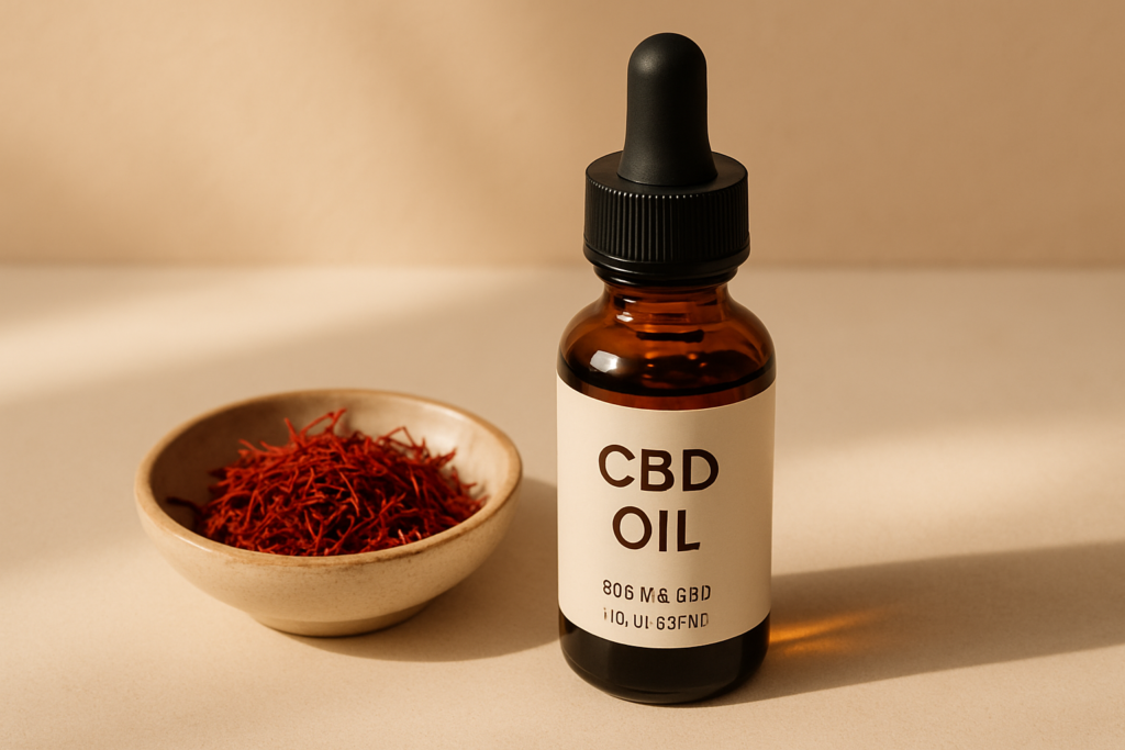 CBD oil bottle beside saffron threads