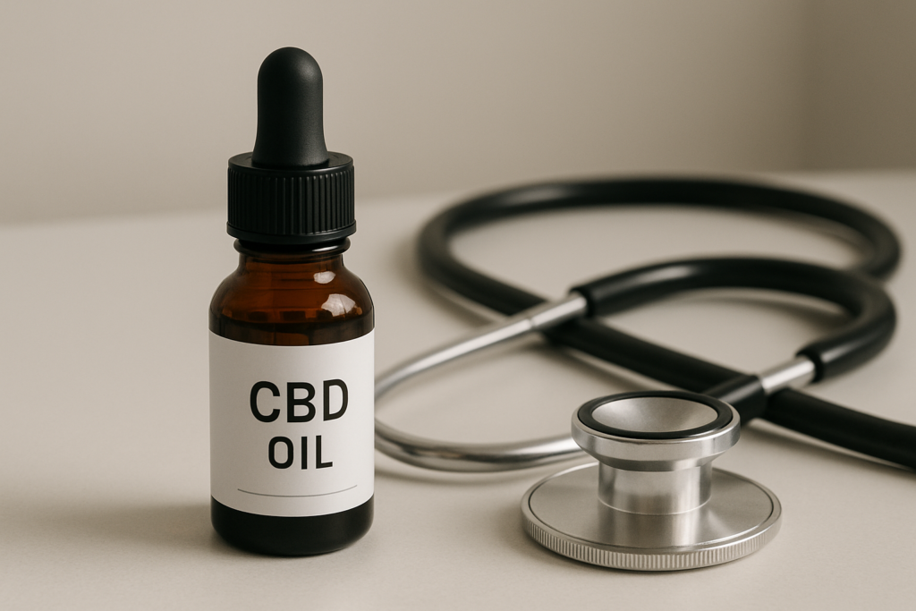 CBD oil bottle beside heart health medication in a clinical setting