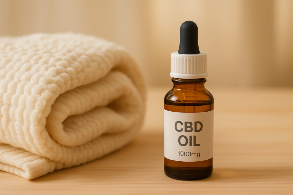 CBD oil bottle in a calm nursery setting representing postpartum care