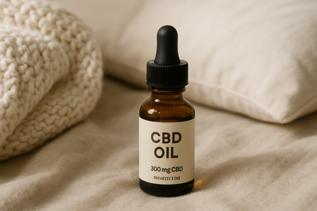 CBD oil bottle in a calm restful setting