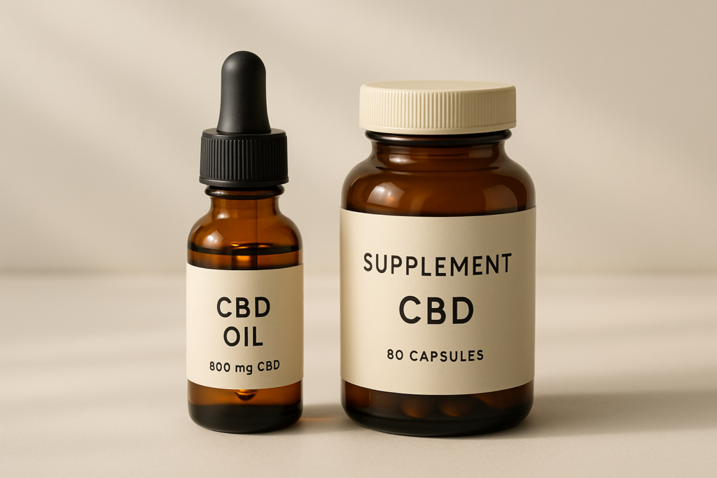 CBD oil bottle beside NAC supplement capsules