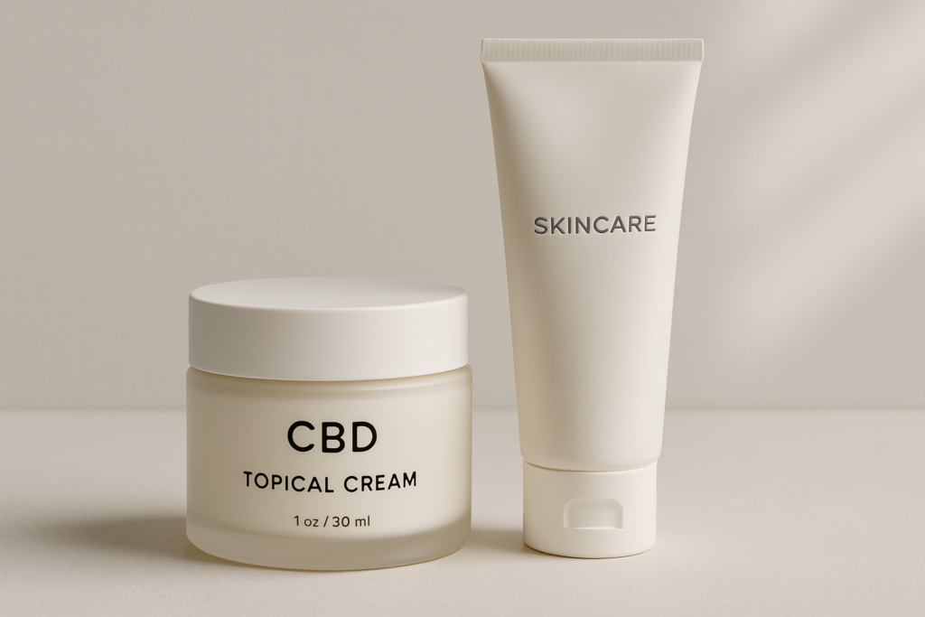CBD topical cream jar beside eczema skincare products