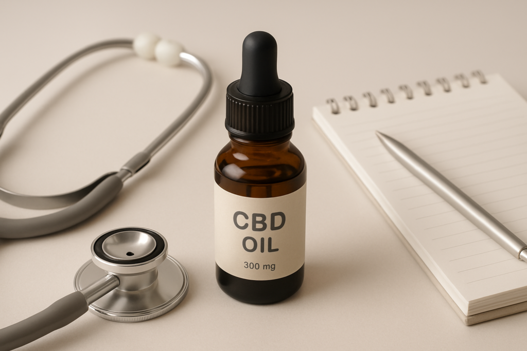 CBD oil bottle in a calm supportive neurological care setting