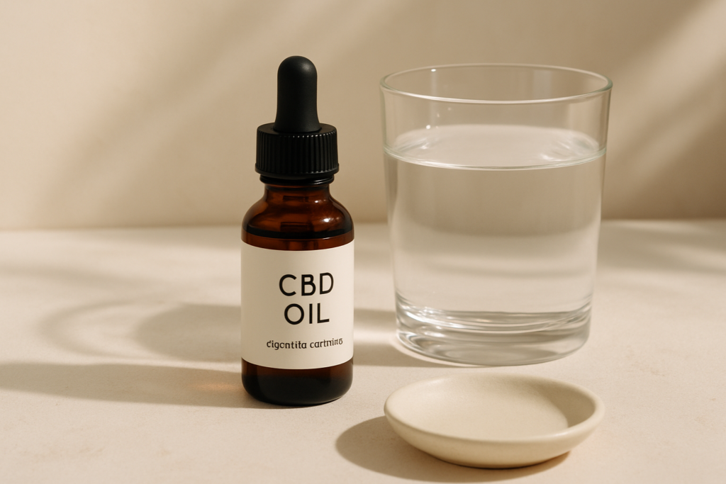 CBD oil bottle beside a supportive digestive health setting
