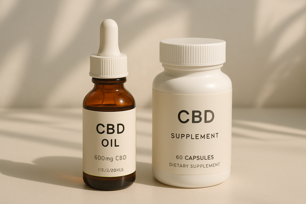 CBD oil bottle beside PEA supplement capsules