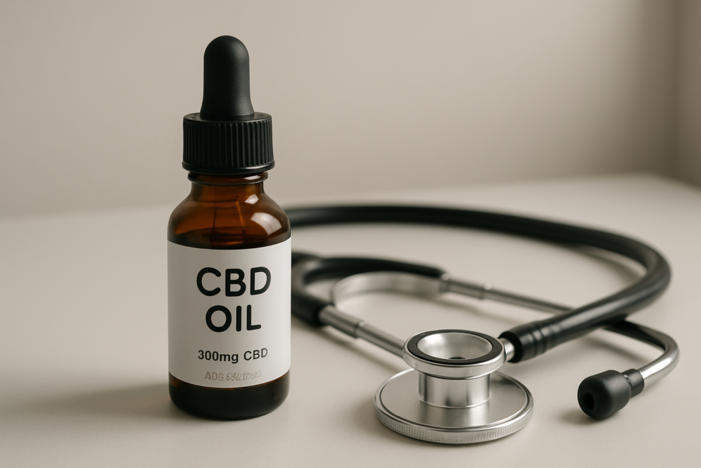 CBD oil bottle beside heart medication in a clinical setting