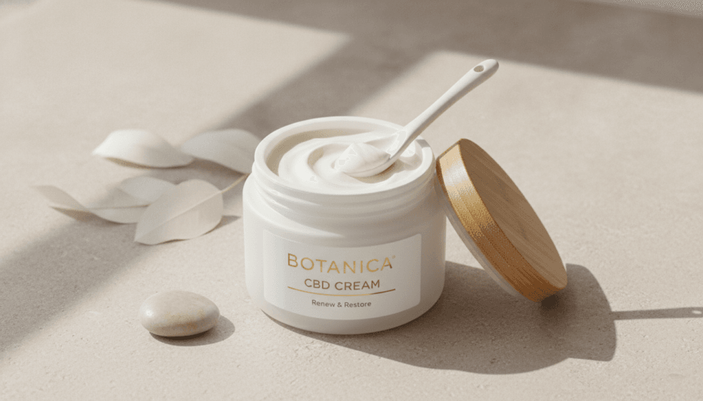 CBD topical cream jar on a clean skincare surface