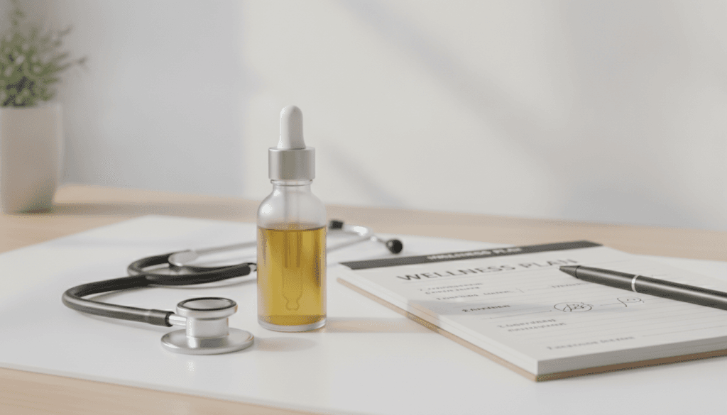 CBD oil bottle beside anti-seizure medication in a clinical setting