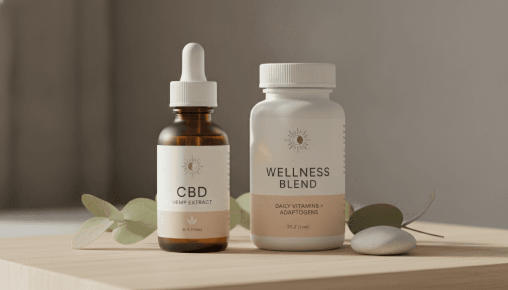 CBD oil bottle beside supplement capsules for anxiety comparison