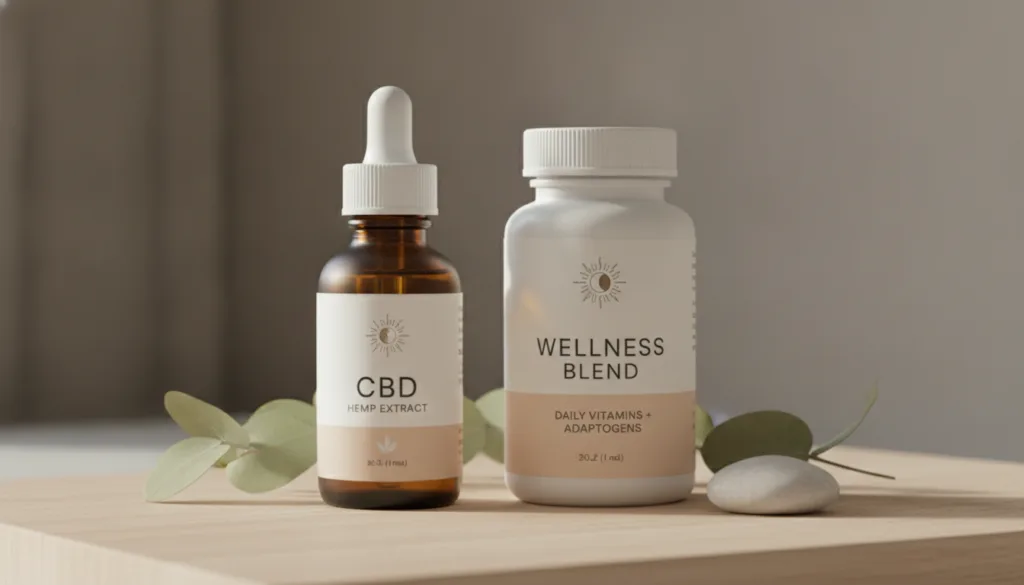 CBD oil bottle beside supplement capsules for anxiety comparison
