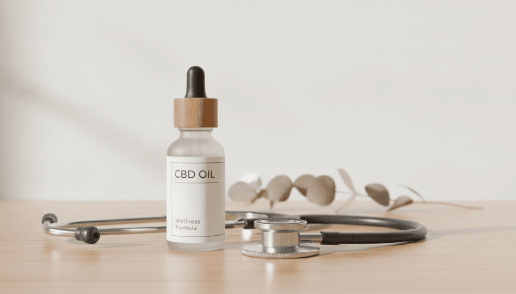 CBD oil bottle in a clinical wellness setting