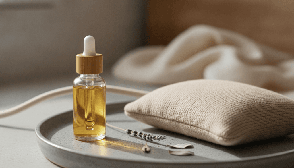 CBD oil bottle with a heating pad