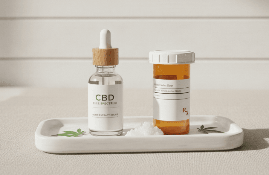 CBD oil bottle beside pain medication