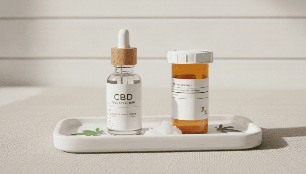 CBD oil bottle beside pain medication