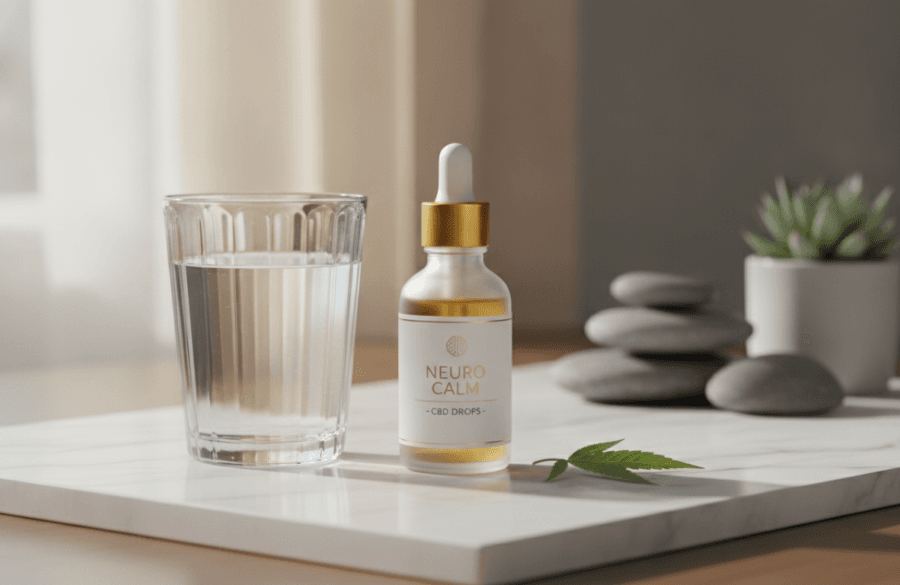 CBD oil bottle in a calm supportive setting