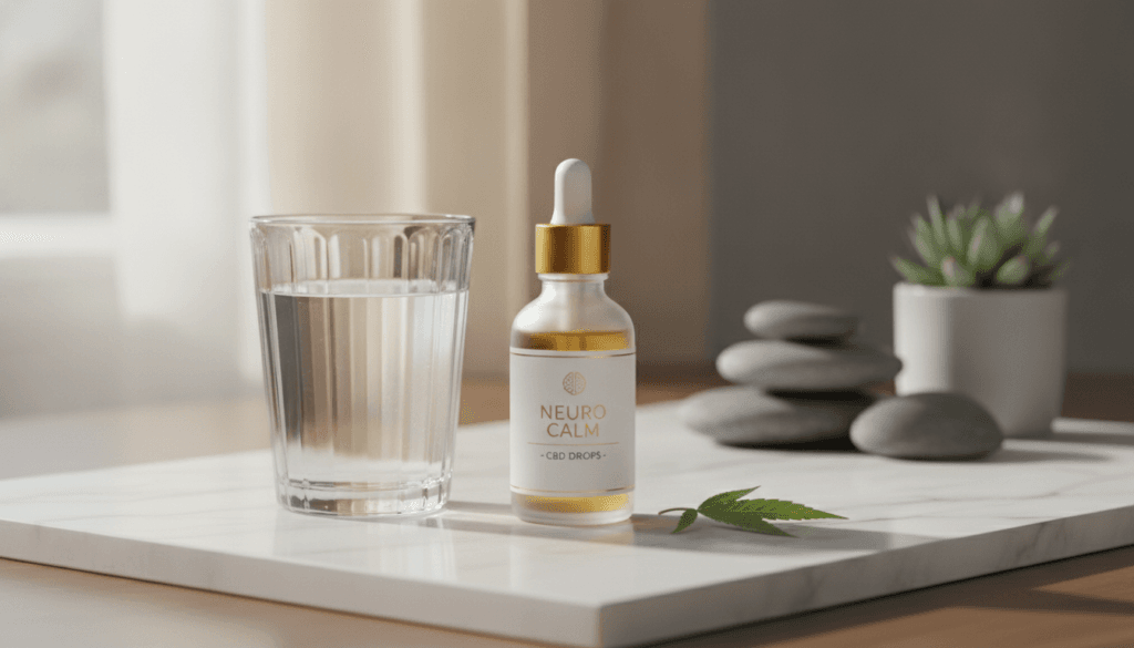 CBD oil bottle in a calm supportive setting