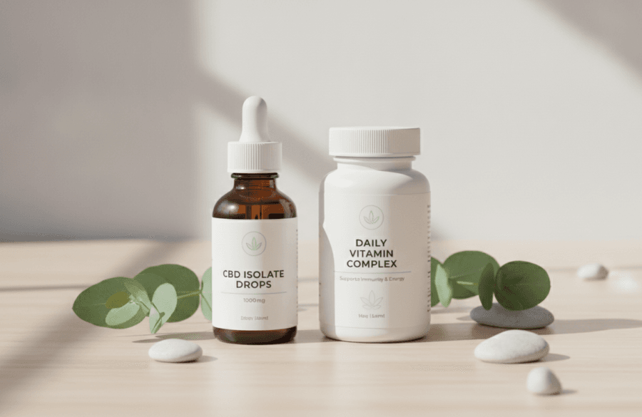 CBD oil bottle beside supplement capsules