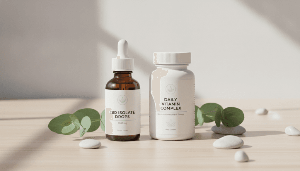 CBD oil bottle beside supplement capsules