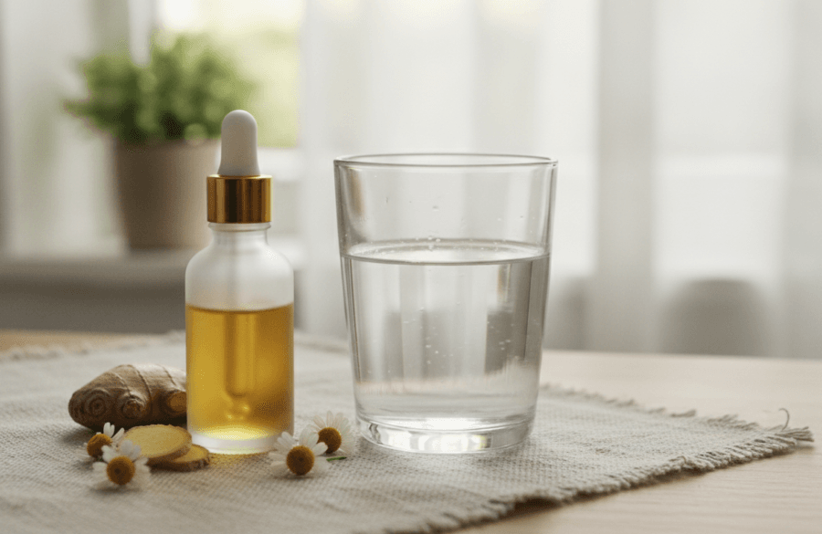 CBD oil bottle in a calm digestive wellness setting