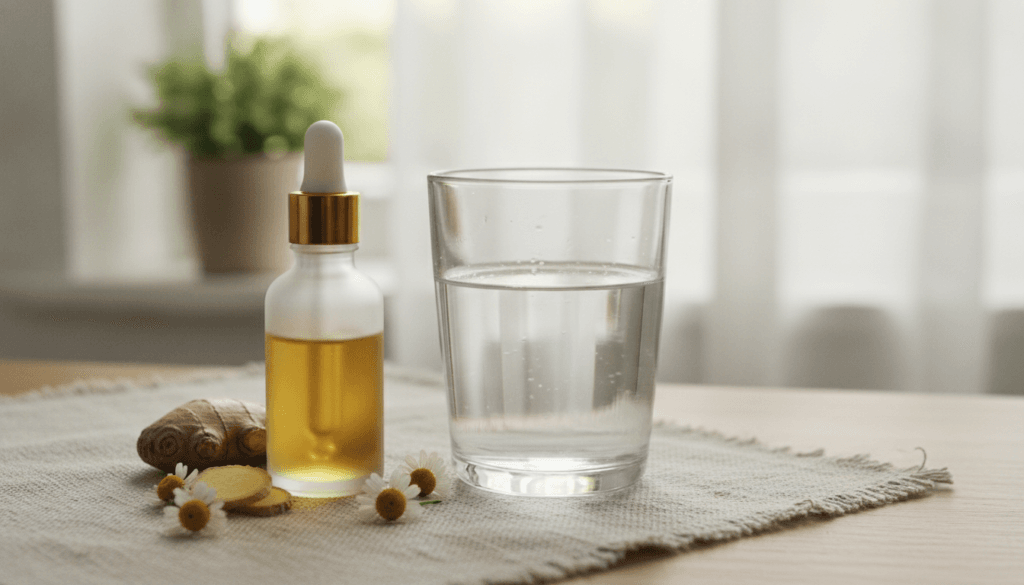 CBD oil bottle in a calm digestive wellness setting