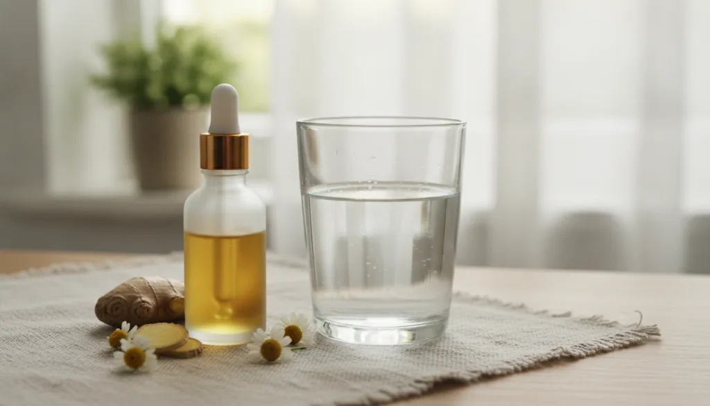 CBD oil bottle in a calm digestive wellness setting